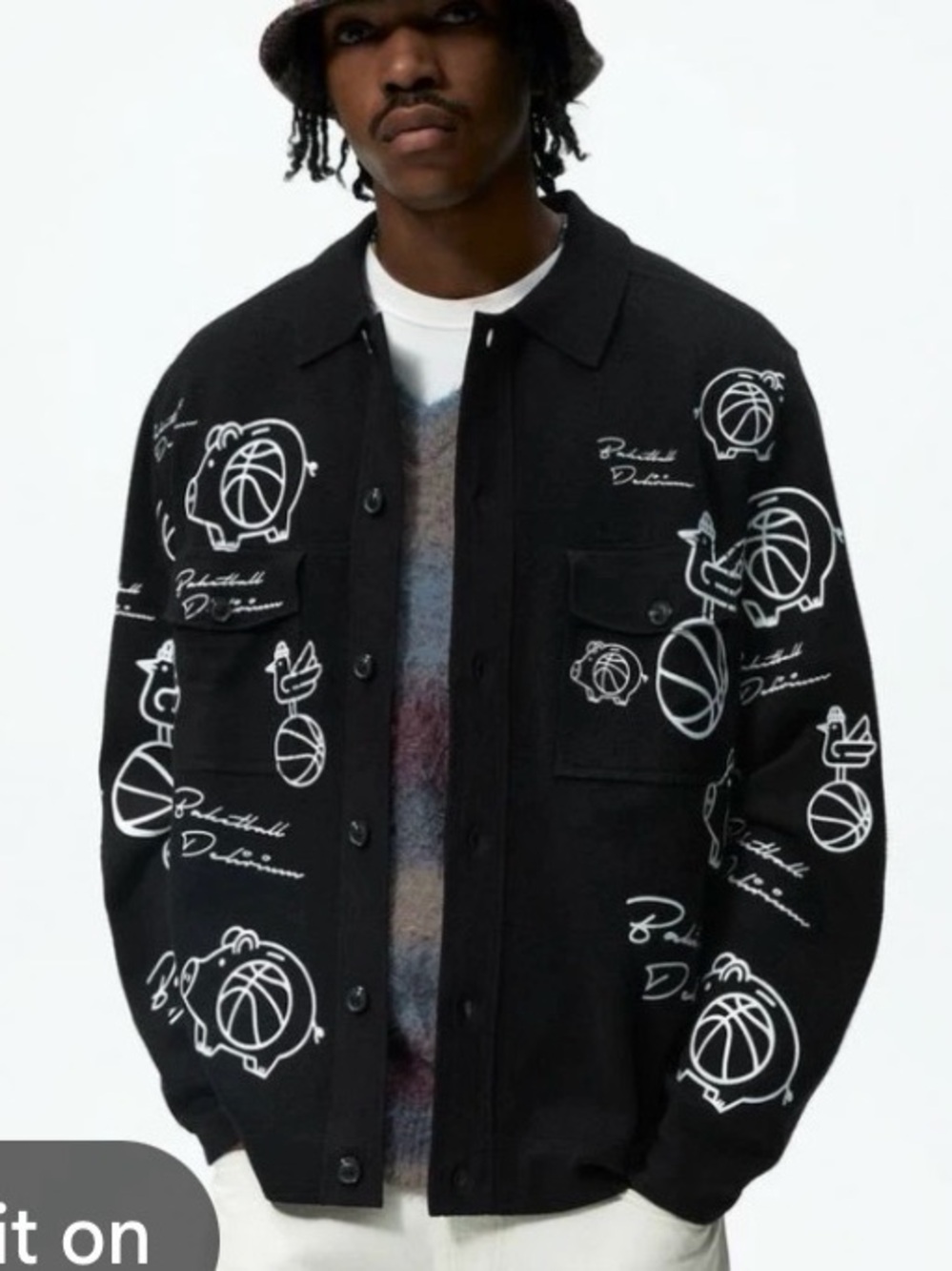 Zara Basketball rooster Knit Shacket Black white graphic doodles medium